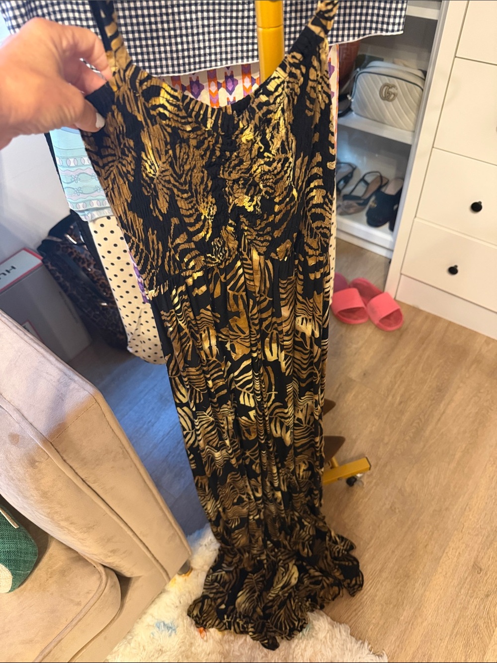 Tiare Hawaii Black and Gold Animal-Print Maxi Dress